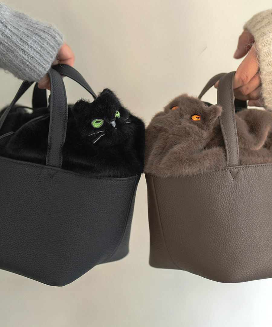 ねこモチーフ 本革 ファー ハンドバッグ