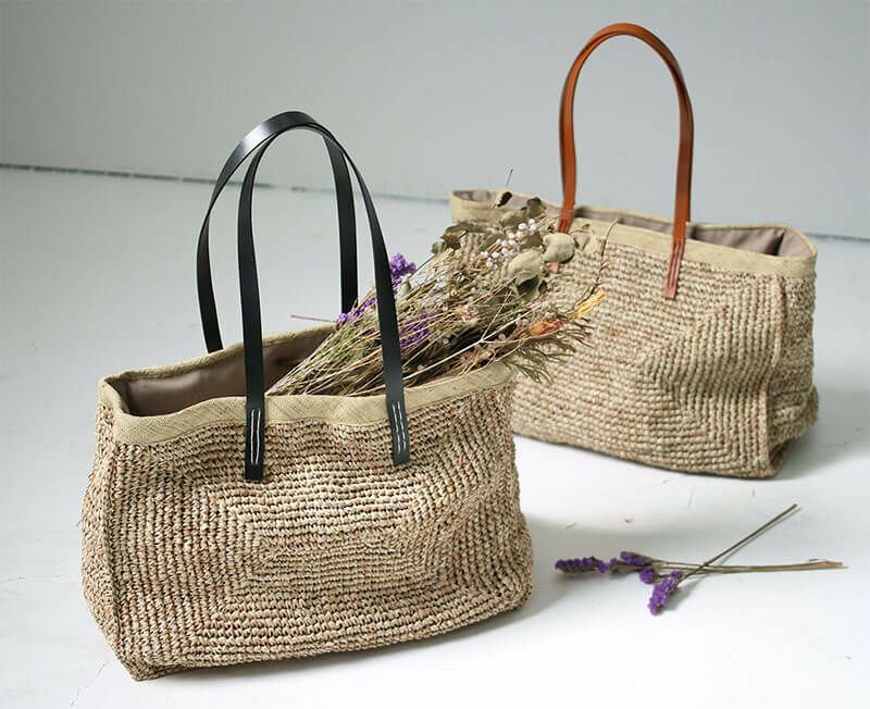  かごバッグ ショルダーバッグ 　ラフィア天然素材×本牛革 Canetta カネッタMサイズ 