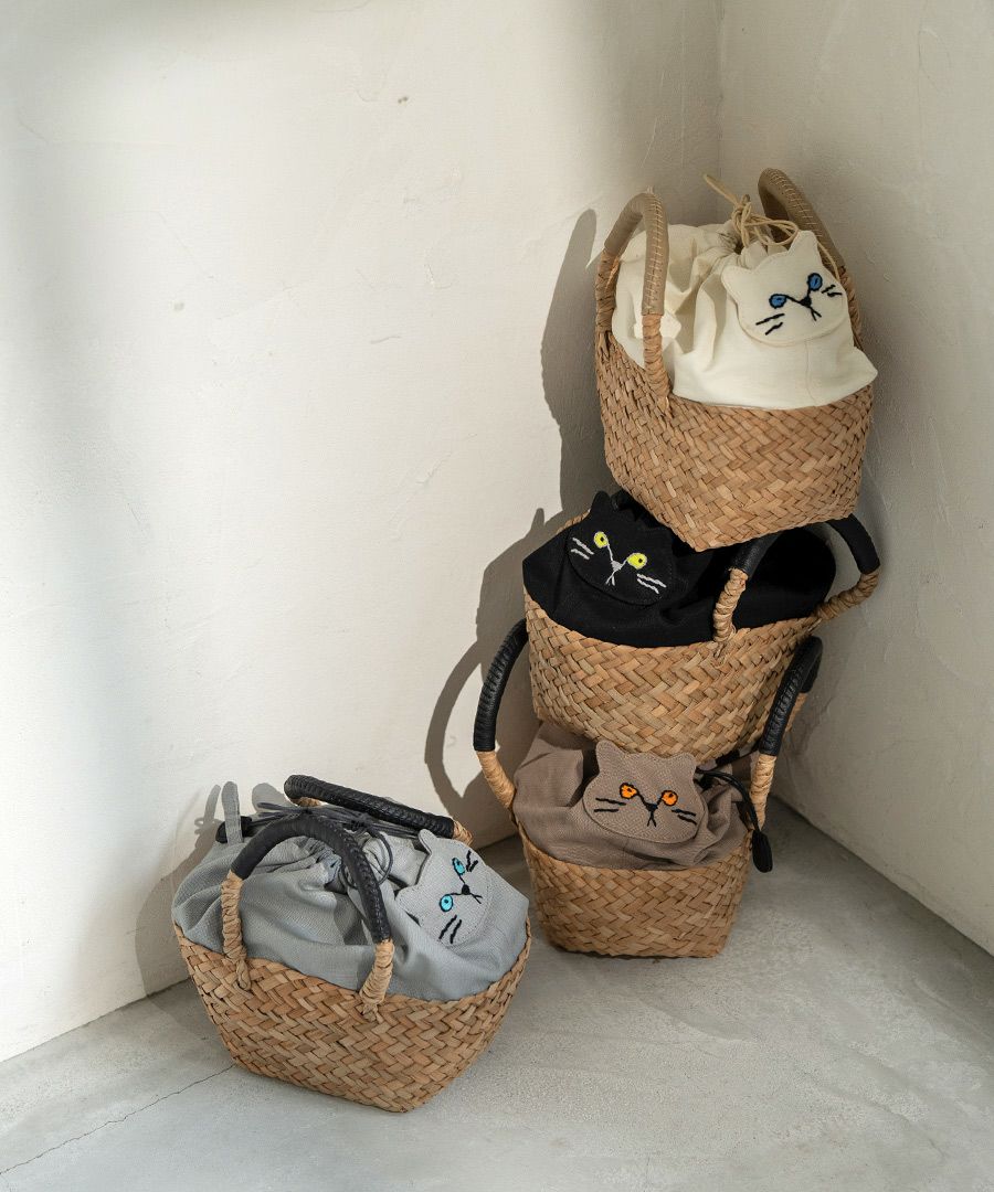 ねこ モチーフ 巾着 かごバッグ【Minetpanie ミネットパニエ】