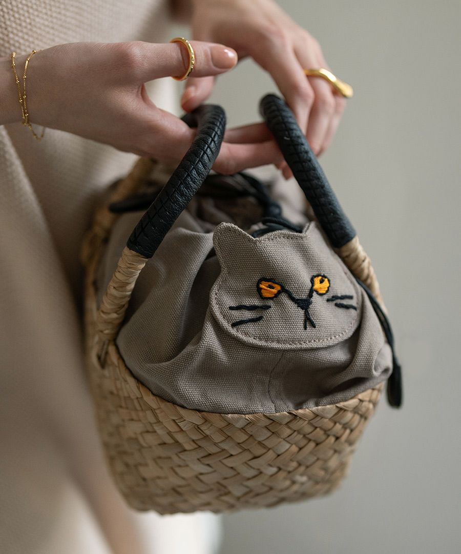 ねこ モチーフ 巾着 かごバッグ【Minetpanie ミネットパニエ】