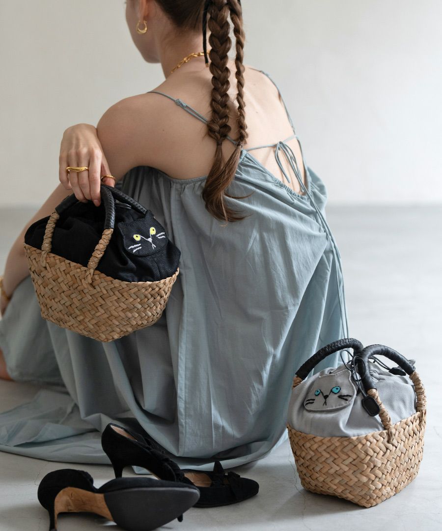 ねこ モチーフ 巾着 かごバッグ【Minetpanie ミネットパニエ】
