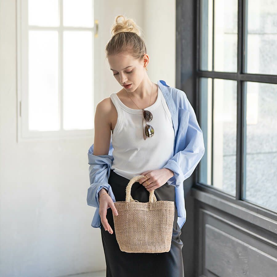 パールハンドル アバカ透かし編みかごバッグ Pavine パヴィーネ ブラック