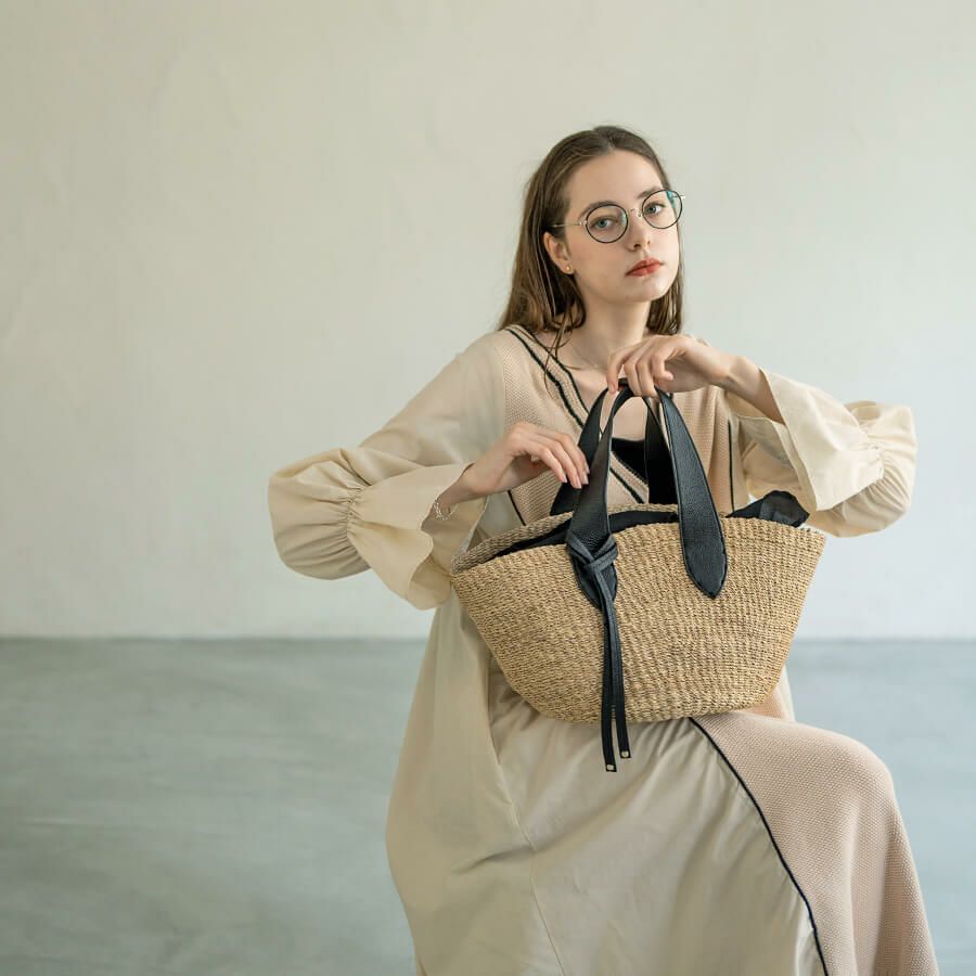 HAYNI別注 グローブレザーハンドル アバカ かごバッグ POMTATA ポンタタ かごバッグ ナチュラル×ブラック