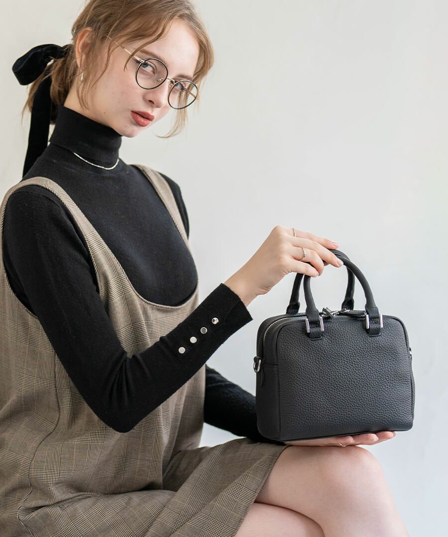 本革 2way スクエア ハンドバッグ ショルダーバッグ Carret カレ ブラック