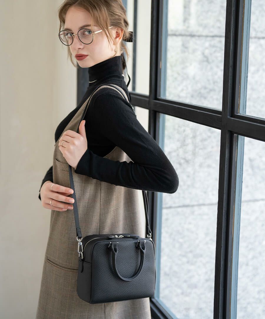 本革 2way スクエア ハンドバッグ ショルダーバッグ Carret カレ ブラック