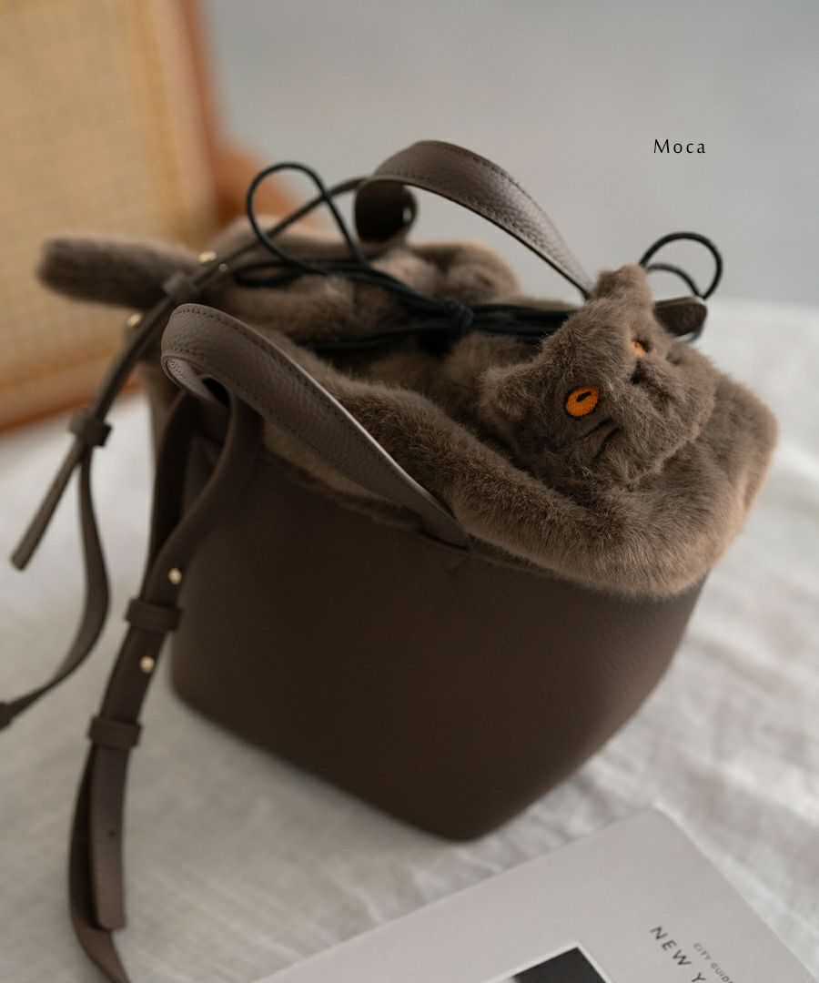 ねこモチーフ 本革 ファー ハンドバッグ Minetcuir ミネットキュイール モカ