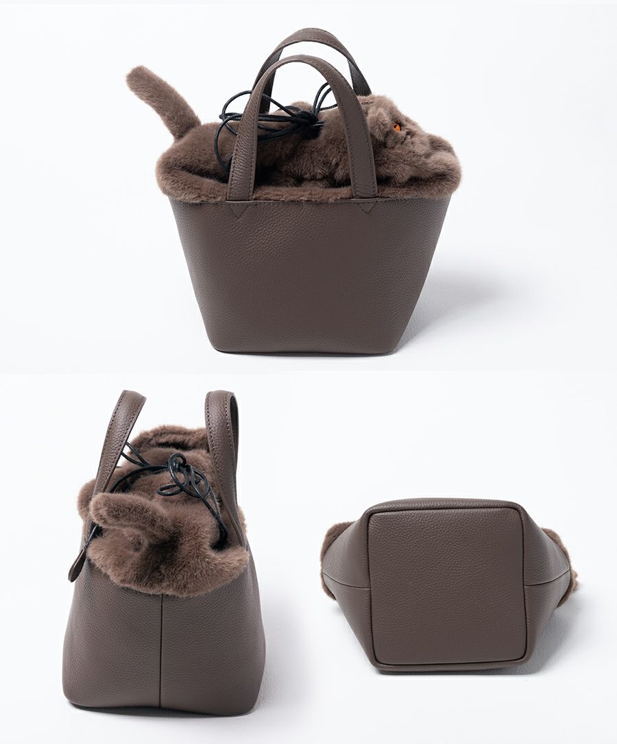 ねこモチーフ 本革 ファー ハンドバッグ Minetcuir ミネットキュイール モカ