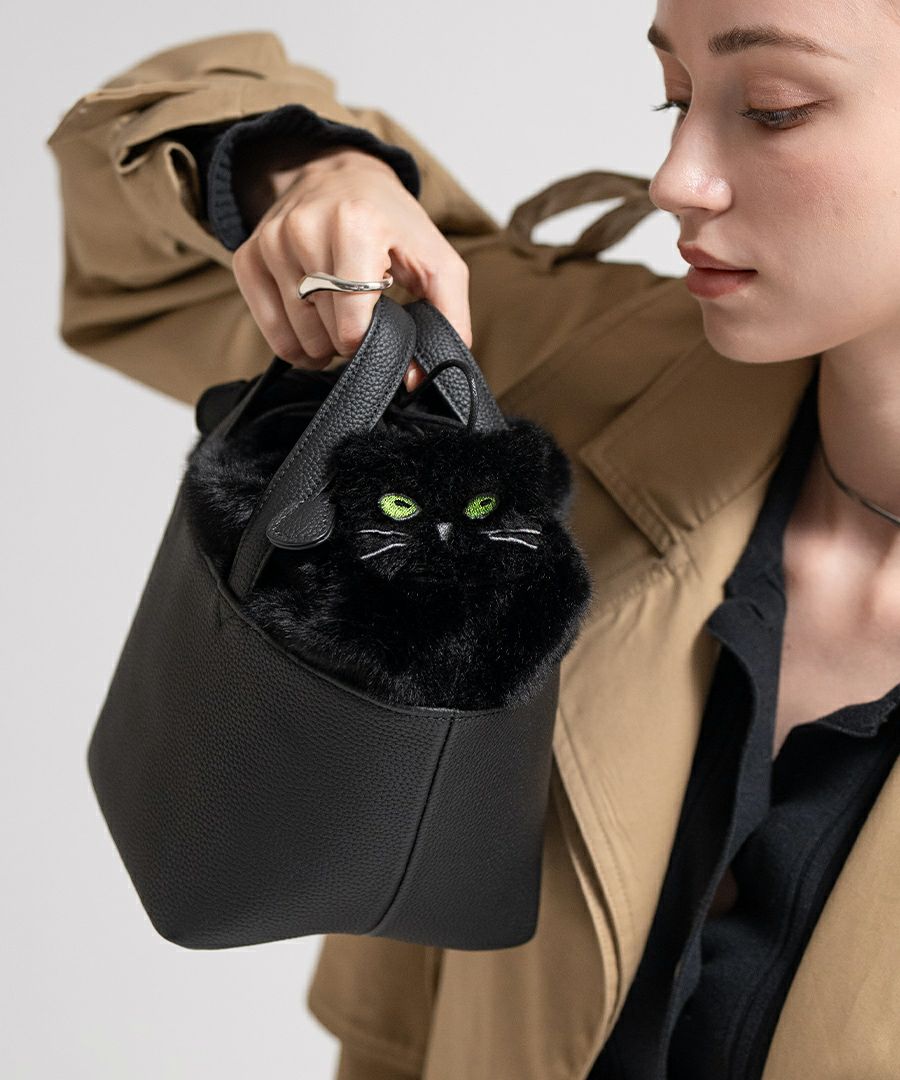 ねこモチーフ 本革 ファー ハンドバッグ Minetcuir ミネットキュイール クロ