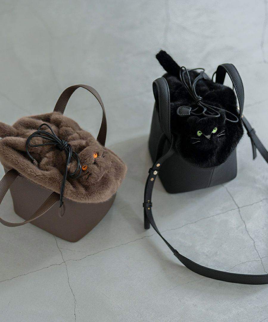 ねこモチーフ 本革 ファー ハンドバッグ Minetcuir ミネットキュイール クロ モカ